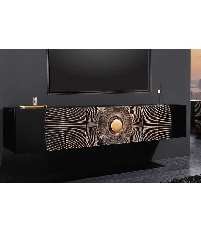 Invicta Interior Hangende TV lowboard GOLDEN SUNSET 160cm mangohout zwart met 3D houtsnijwerk goud handgemaakt - 44250