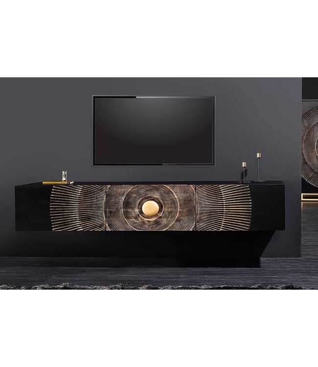 Invicta Interior Hangende TV lowboard GOLDEN SUNSET 160cm mangohout zwart met 3D houtsnijwerk goud handgemaakt - 44250