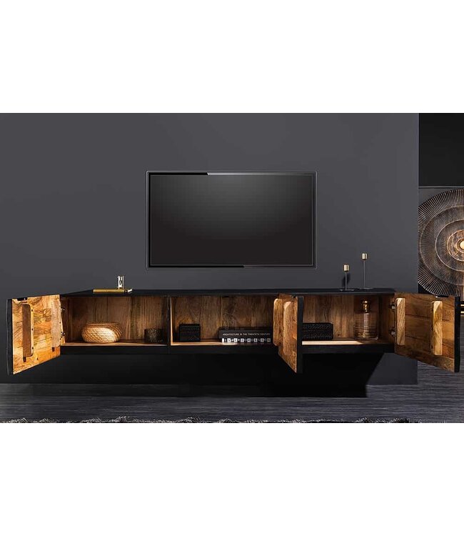 Invicta Interior Hangende TV lowboard GOLDEN SUNSET 160cm mangohout zwart met 3D houtsnijwerk goud handgemaakt - 44250