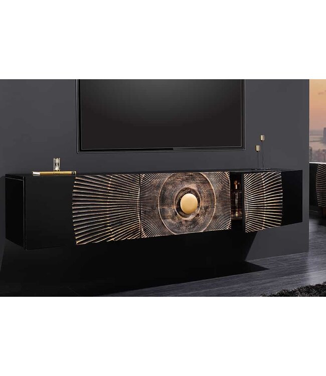 Invicta Interior Hangende TV lowboard GOLDEN SUNSET 160cm mangohout zwart met 3D houtsnijwerk goud handgemaakt - 44250
