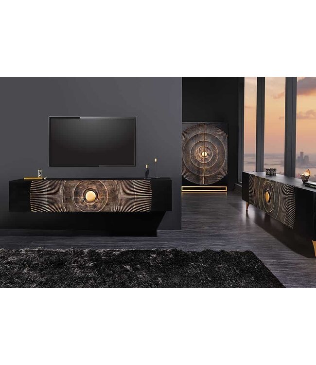Invicta Interior Hangende TV lowboard GOLDEN SUNSET 160cm mangohout zwart met 3D houtsnijwerk goud handgemaakt - 44250