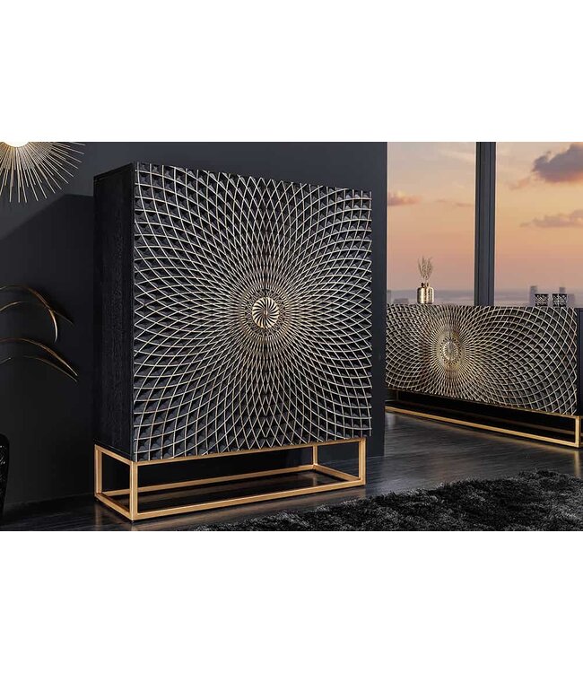 Invicta Interior Design Highboard ILLUSION 120cm zwart mangohout massief hout met 3D houtsnijwerk goud ijzer metalen frame - 44321