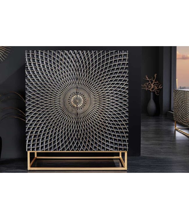 Invicta Interior Design Highboard ILLUSION 120cm zwart mangohout massief hout met 3D houtsnijwerk goud ijzer metalen frame - 44321