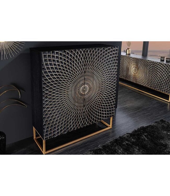 Invicta Interior Design Highboard ILLUSION 120cm zwart mangohout massief hout met 3D houtsnijwerk goud ijzer metalen frame - 44321