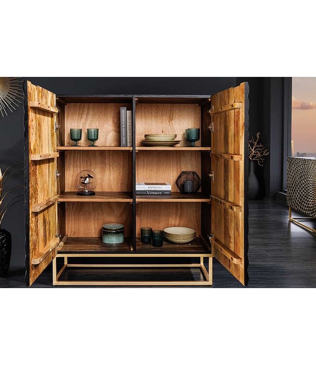 Invicta Interior Design Highboard ILLUSION 120cm zwart mangohout massief hout met 3D houtsnijwerk goud ijzer metalen frame - 44321