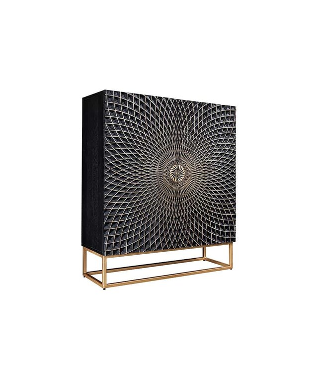 Invicta Interior Design Highboard ILLUSION 120cm zwart mangohout massief hout met 3D houtsnijwerk goud ijzer metalen frame - 44321