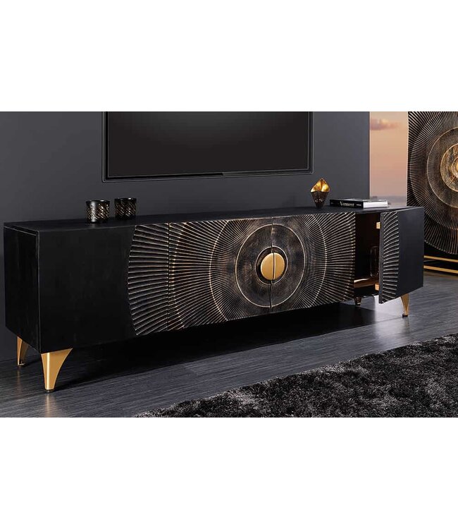 Invicta Interior Handgemaakte TV lowboard GOLDEN SUNSET 180cm zwart met 3D houtsnijwerk goud mango hout massief metalen poten - 44303