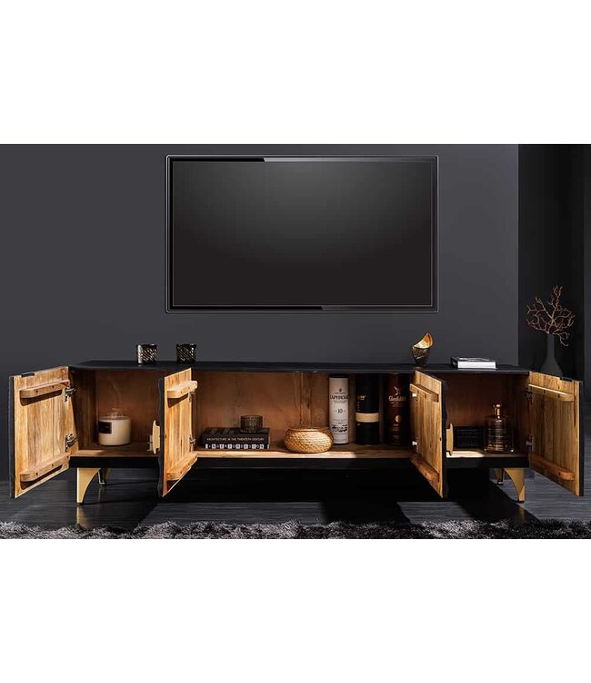 Invicta Interior Handgemaakte TV lowboard GOLDEN SUNSET 180cm zwart met 3D houtsnijwerk goud mango hout massief metalen poten - 44303