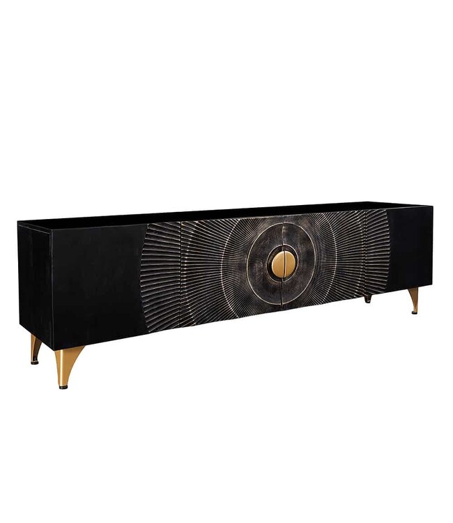 Invicta Interior Handgemaakte TV lowboard GOLDEN SUNSET 180cm zwart met 3D houtsnijwerk goud mango hout massief metalen poten - 44303