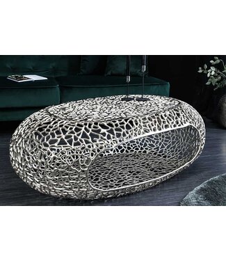 Invicta Interior Handgemaakte salontafel BIO 120 cm zilverkleurig metalen bladmotief met opbergruimte - 44148