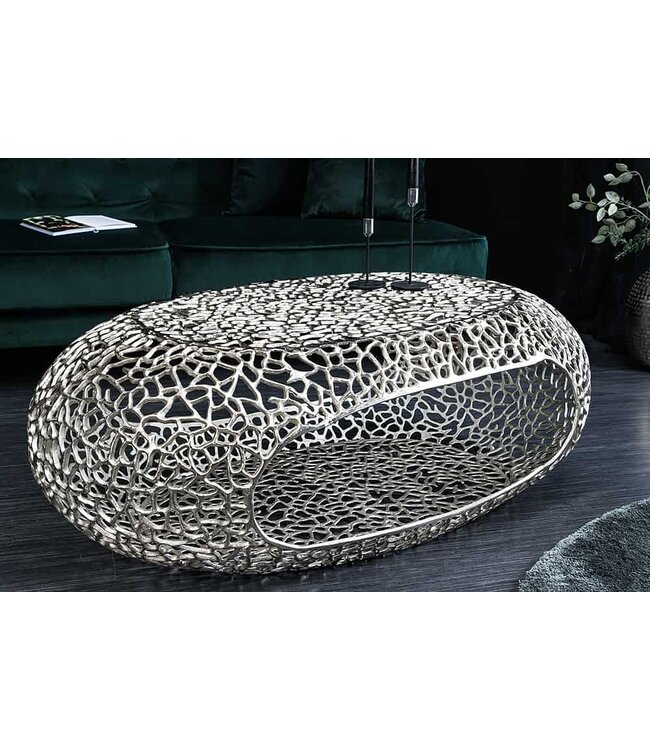 Invicta Interior Handgemaakte salontafel BIO 120 cm zilverkleurig metalen bladmotief met opbergruimte - 44148
