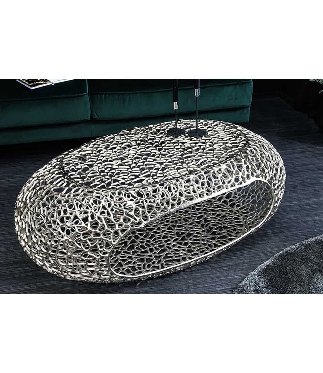 Invicta Interior Handgemaakte salontafel BIO 120 cm zilverkleurig metalen bladmotief met opbergruimte - 44148