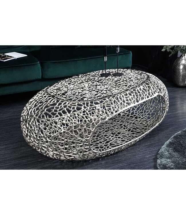 Invicta Interior Handgemaakte salontafel BIO 120 cm zilverkleurig metalen bladmotief met opbergruimte - 44148