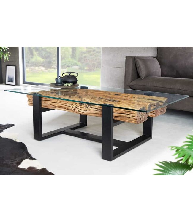 Invicta Interior Design salontafel BARRACUDA 130cm Gerecycled teakhouten glazen blad zwart RVS industrieel - 43344