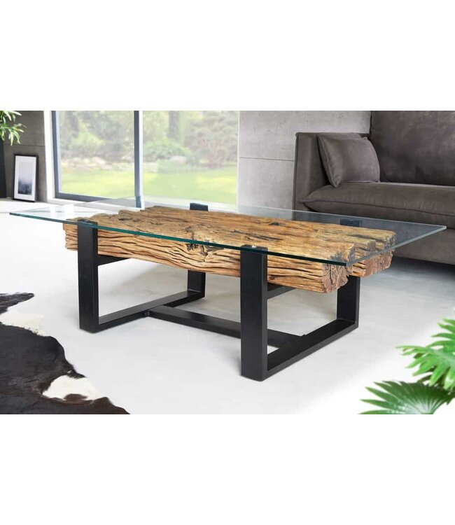 Invicta Interior Design salontafel BARRACUDA 130cm Gerecycled teakhouten glazen blad zwart RVS industrieel - 43344