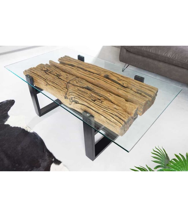 Invicta Interior Design salontafel BARRACUDA 130cm Gerecycled teakhouten glazen blad zwart RVS industrieel - 43344
