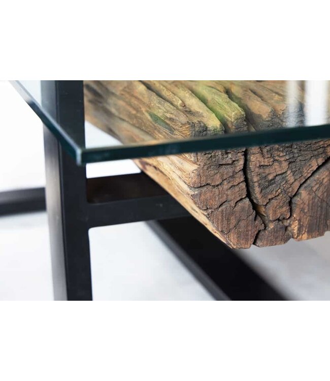 Invicta Interior Design salontafel BARRACUDA 130cm Gerecycled teakhouten glazen blad zwart RVS industrieel - 43344