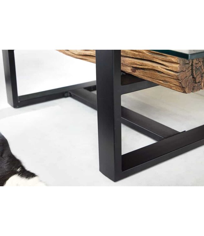 Invicta Interior Design salontafel BARRACUDA 130cm Gerecycled teakhouten glazen blad zwart RVS industrieel - 43344