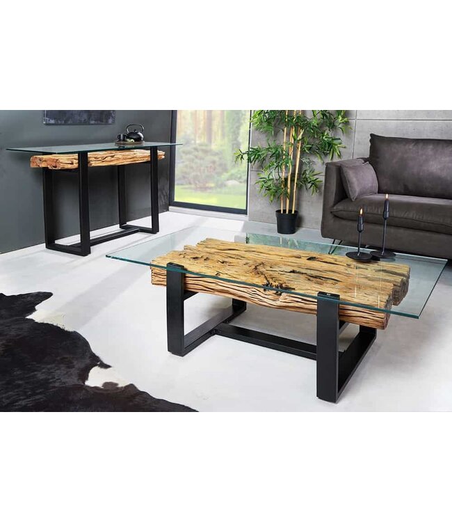 Invicta Interior Design salontafel BARRACUDA 130cm Gerecycled teakhouten glazen blad zwart RVS industrieel - 43344