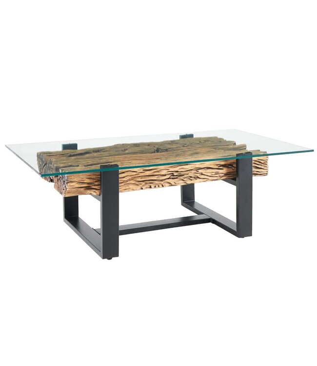 Invicta Interior Design salontafel BARRACUDA 130cm Gerecycled teakhouten glazen blad zwart RVS industrieel - 43344