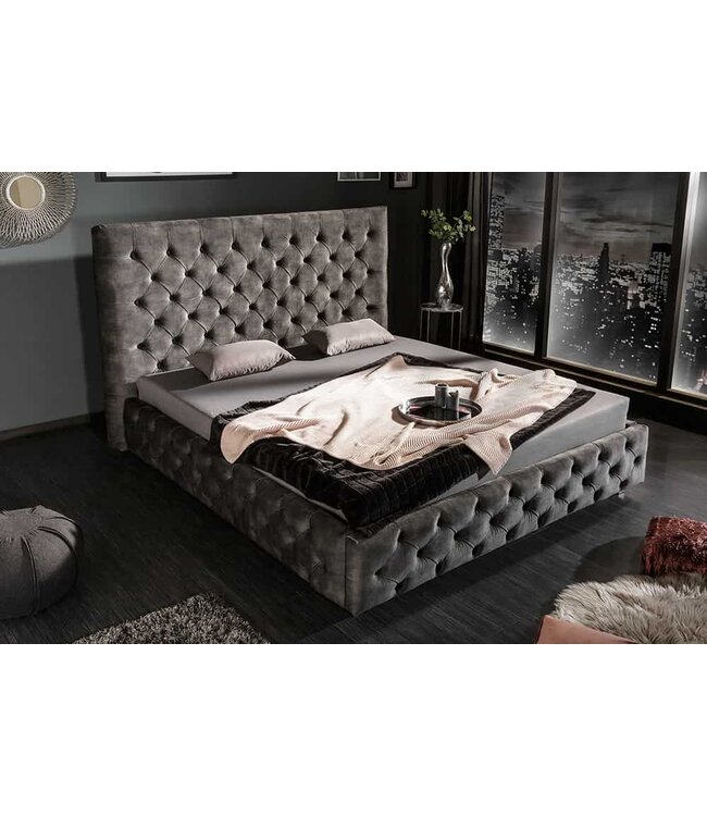 Invicta Interior Design tweepersoonsbed PARIS 160x200cm grijs fluweel Chesterfield gestoffeerd bed - 43537