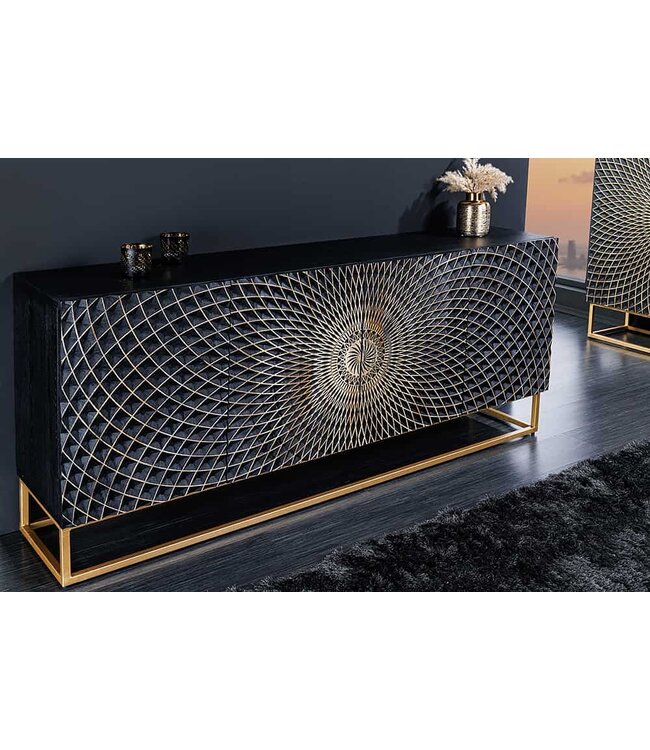 Invicta Interior Design dressoir ILLUSION 180cm zwart mangohout massief hout goud ijzer metalen frame - 44320