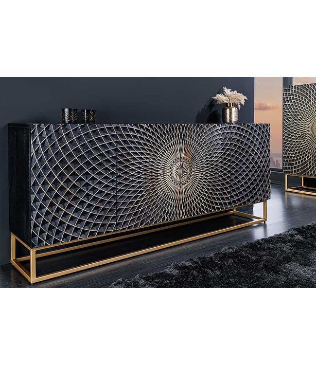 Invicta Interior Design dressoir ILLUSION 180cm zwart mangohout massief hout met 3D houtsnijwerk goud ijzer metalen frame - 44320
