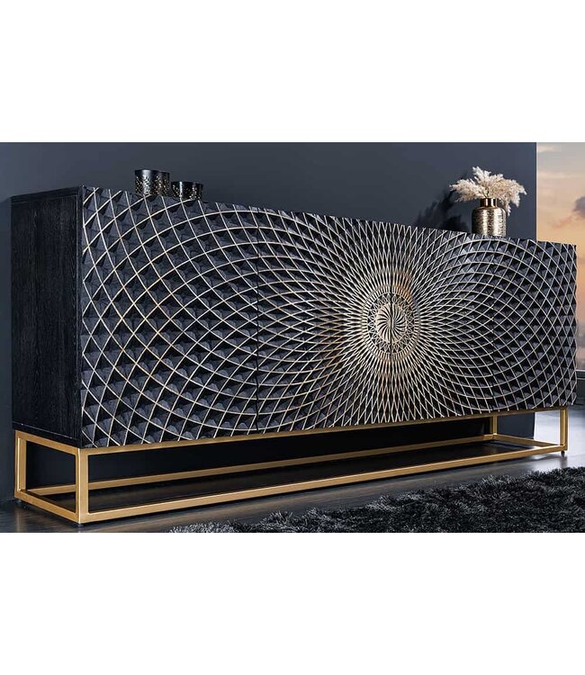 Invicta Interior Design dressoir ILLUSION 180cm zwart mangohout massief hout met 3D houtsnijwerk goud ijzer metalen frame - 44320
