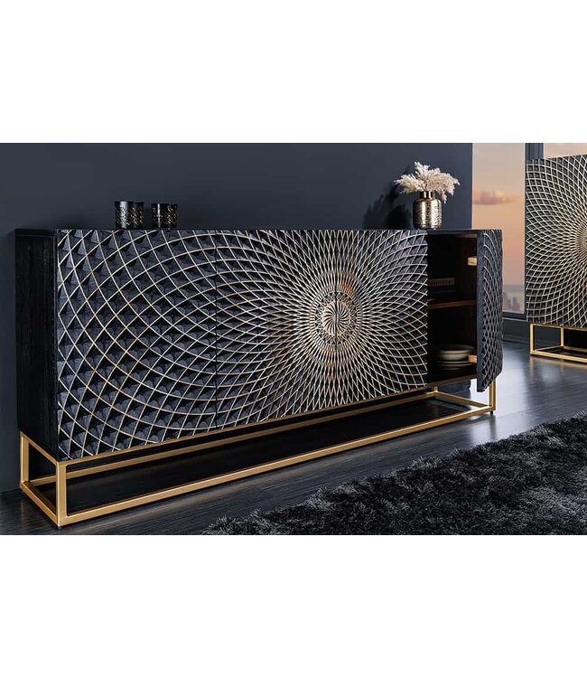 Invicta Interior Design dressoir ILLUSION 180cm zwart mangohout massief hout met 3D houtsnijwerk goud ijzer metalen frame - 44320
