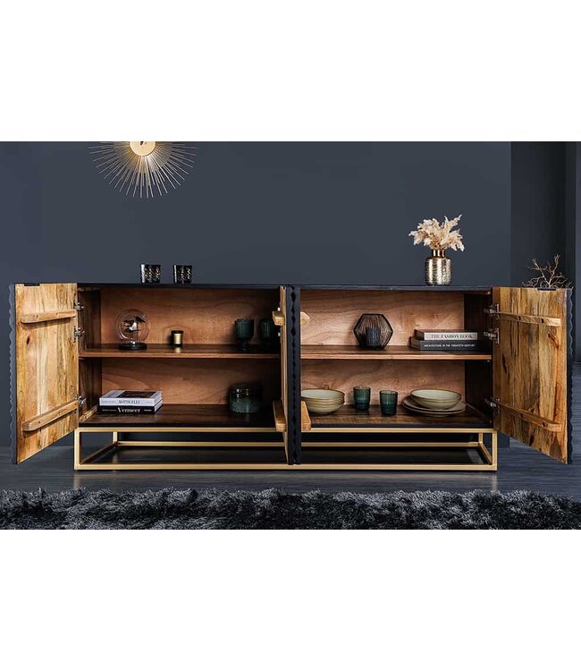 Invicta Interior Design dressoir ILLUSION 180cm zwart mangohout massief hout met 3D houtsnijwerk goud ijzer metalen frame - 44320