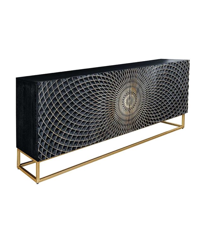 Invicta Interior Design dressoir ILLUSION 180cm zwart mangohout massief hout met 3D houtsnijwerk goud ijzer metalen frame - 44320