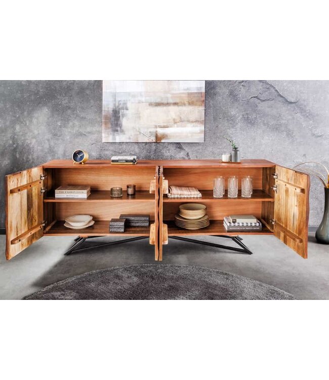 Invicta Interior Design dressoir ZEN 180cm bruin mangohout met 3D houtsnijwerk metalen frame zwart handgemaakt - 44318