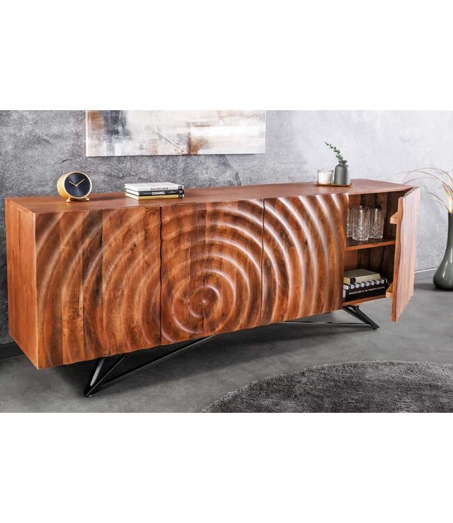 Invicta Interior Design dressoir ZEN 180cm bruin mangohout met 3D houtsnijwerk metalen frame zwart handgemaakt - 44318