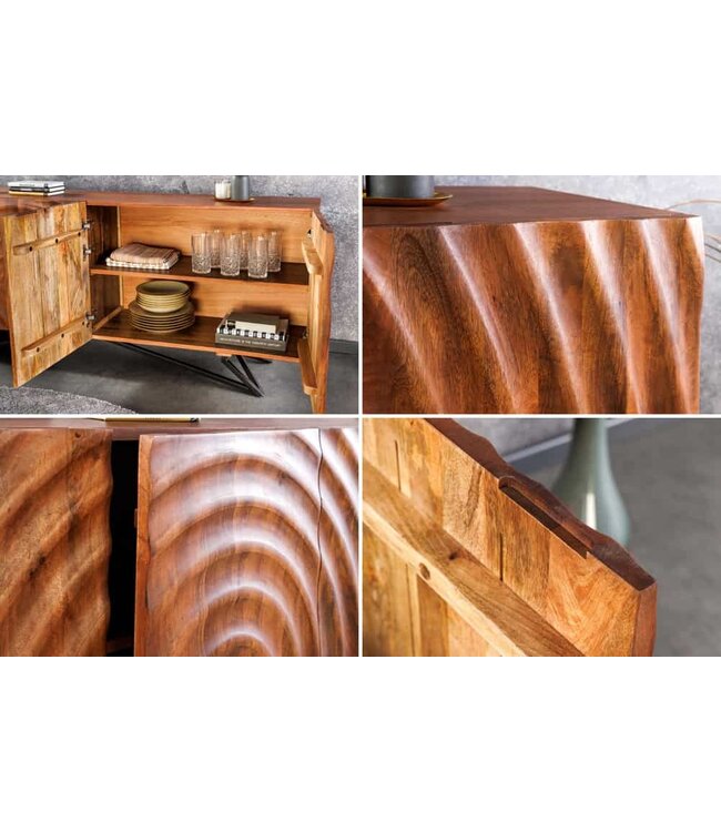 Invicta Interior Design dressoir ZEN 180cm bruin mangohout met 3D houtsnijwerk metalen frame zwart handgemaakt - 44318