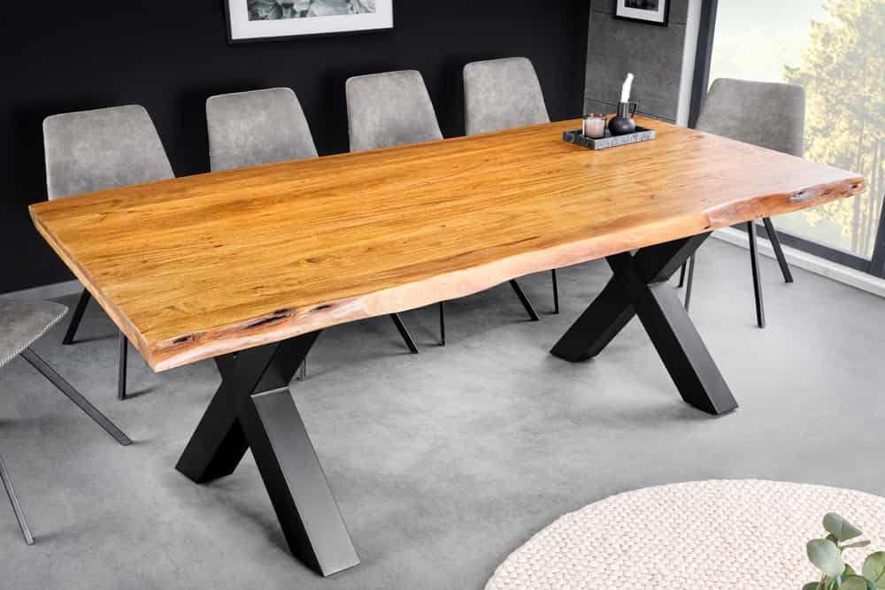 Massief houten eettafel MAMMUT 200cm acacia X-frame zwart metalen boomrand 5cm tafelblad - 43787