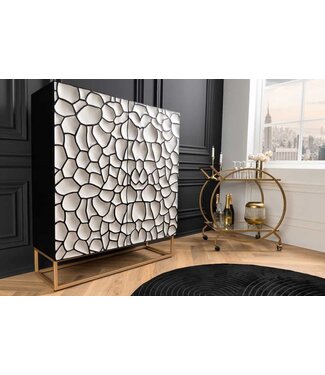 Invicta Interior Massief houten highboard VULCANO 120cm wit zwart mangohout met 3D houtsnijwerk handgemaakt metalen frame goud - 44645