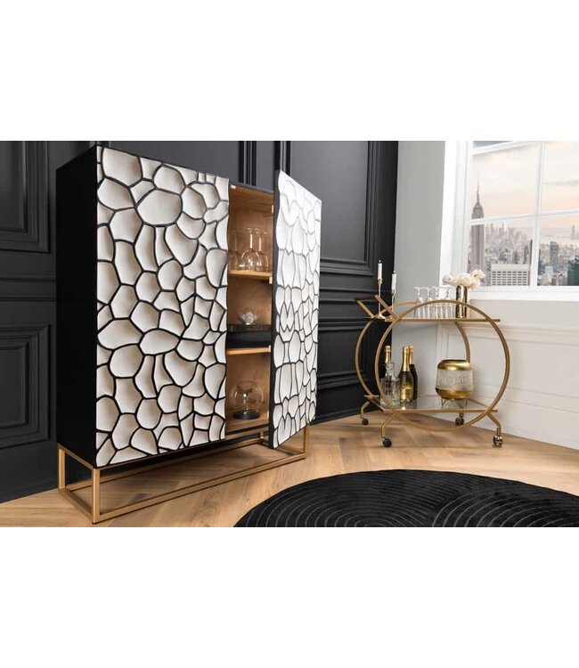 Invicta Interior Massief houten highboard VULCANO 120cm wit zwart mangohout met 3D houtsnijwerk handgemaakt metalen frame goud - 44645