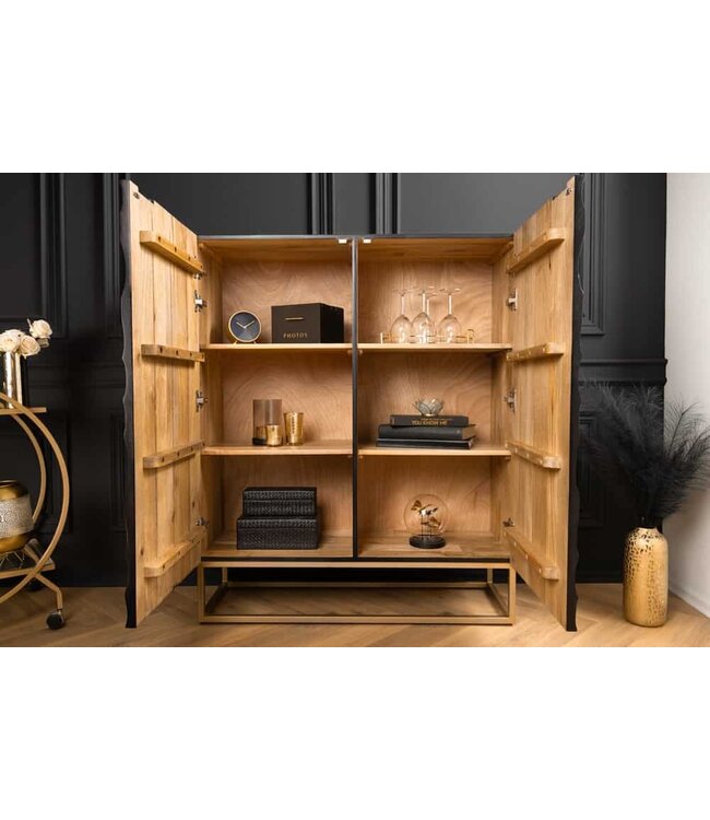 Invicta Interior Massief houten highboard VULCANO 120cm wit zwart mangohout met 3D houtsnijwerk handgemaakt metalen frame goud - 44645