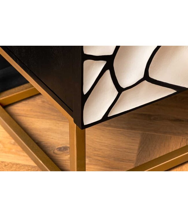 Invicta Interior Massief houten highboard VULCANO 120cm wit zwart mangohout met 3D houtsnijwerk handgemaakt metalen frame goud - 44645