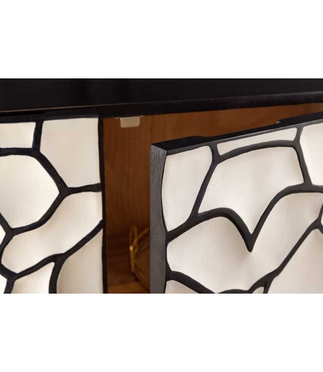 Invicta Interior Massief houten highboard VULCANO 120cm wit zwart mangohout met 3D houtsnijwerk handgemaakt metalen frame goud - 44645