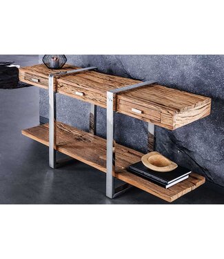 Invicta Interior Massief houten wandtafel BARRACUDA 140cm bruin teakzilver RVS verchroomd met lades - 43615