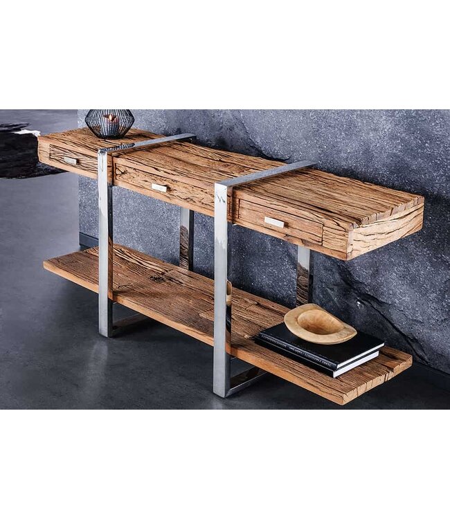 Invicta Interior Massief houten wandtafel BARRACUDA 140cm bruin teakzilver RVS verchroomd met lades - 43615