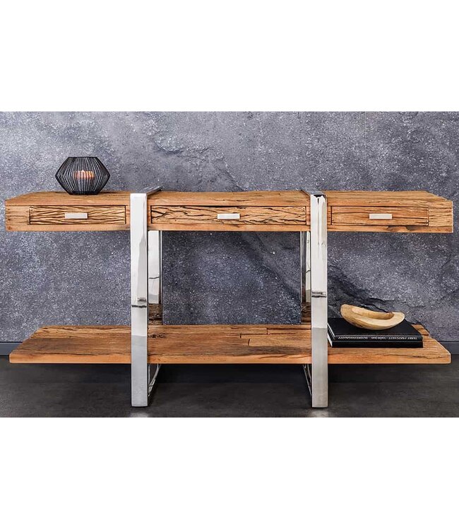 Invicta Interior Massief houten wandtafel BARRACUDA 140cm bruin teakzilver RVS verchroomd met lades - 43615