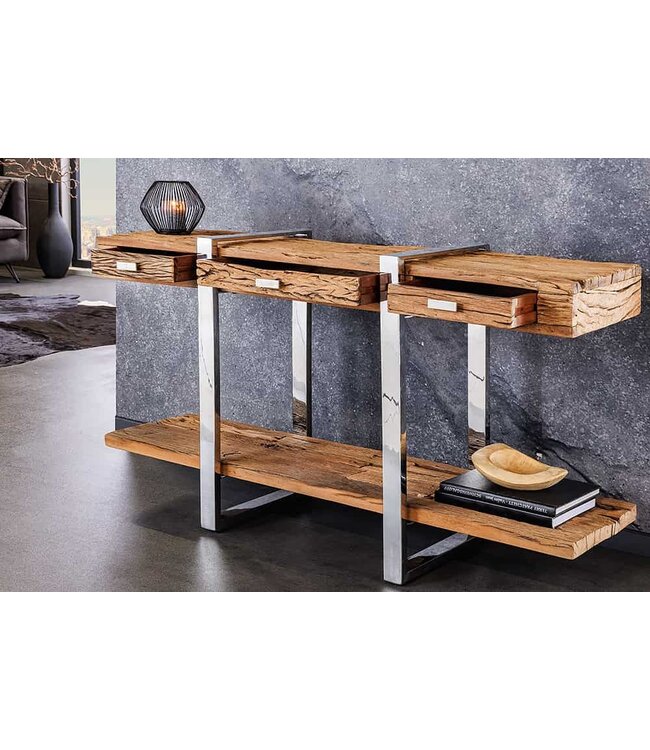 Invicta Interior Massief houten wandtafel BARRACUDA 140cm bruin teakzilver RVS verchroomd met lades - 43615