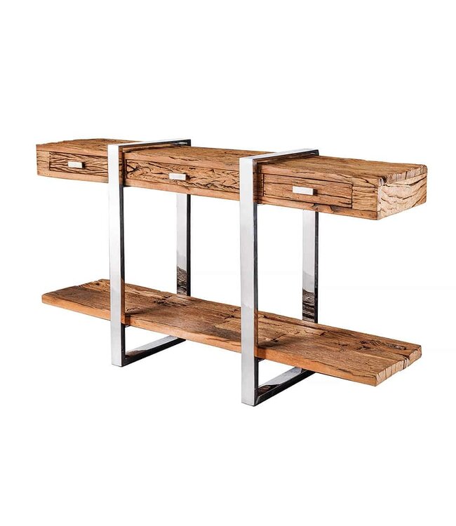 Invicta Interior Massief houten wandtafel BARRACUDA 140cm bruin teakzilver RVS verchroomd met lades - 43615