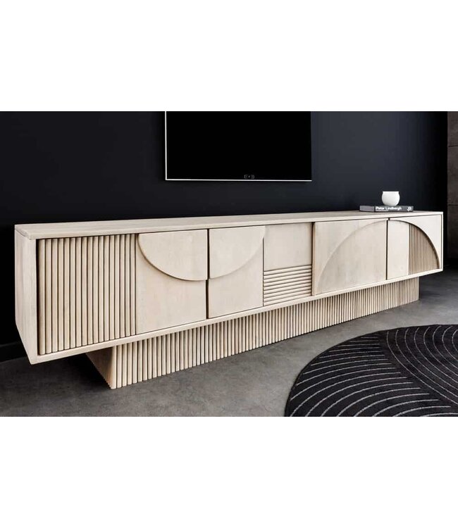 Invicta Interior Massief houten TV-lowboard ART DECO 200cm wit gekalkt mangohout 3D front - 44061