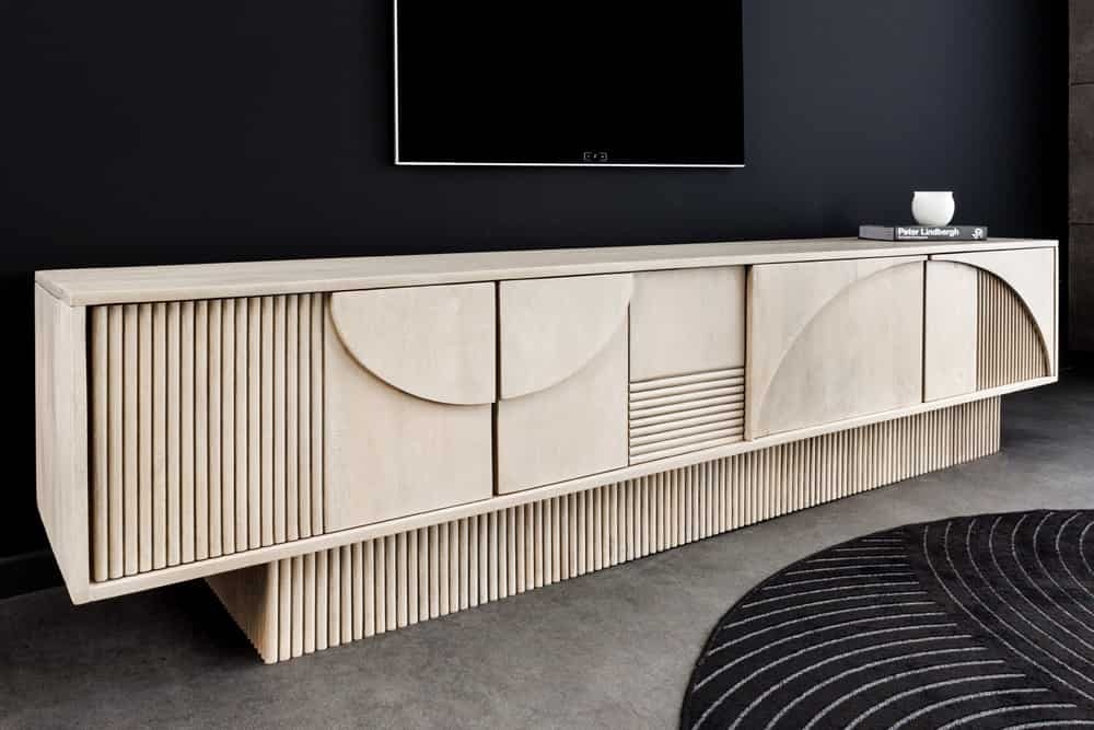 Massief houten TV-lowboard ART DECO 200cm wit gekalkt mangohout 3D front - 44061