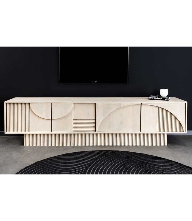 Invicta Interior Massief houten TV Lowboard ART DECO 200cm Wit Gelimineerd Mangohout 3D Front - 44061