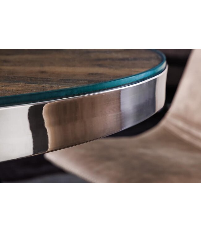 Invicta Interior Ronde eettafel BARRACUDA 120cm bruin teakhout massief hout glazen blad zilver RVS verchroomd - 43622