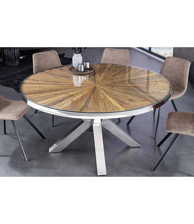 Invicta Interior Ronde eettafel BARRACUDA 120cm bruin teakhout massief hout glazen blad zilver RVS verchroomd - 43622